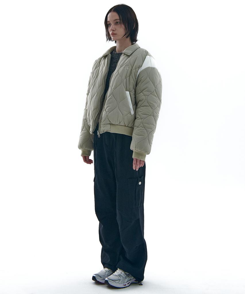 Place Studio Oversized Quilted Contrast Collar Varsity Jacket Padded Jumper [Beige]