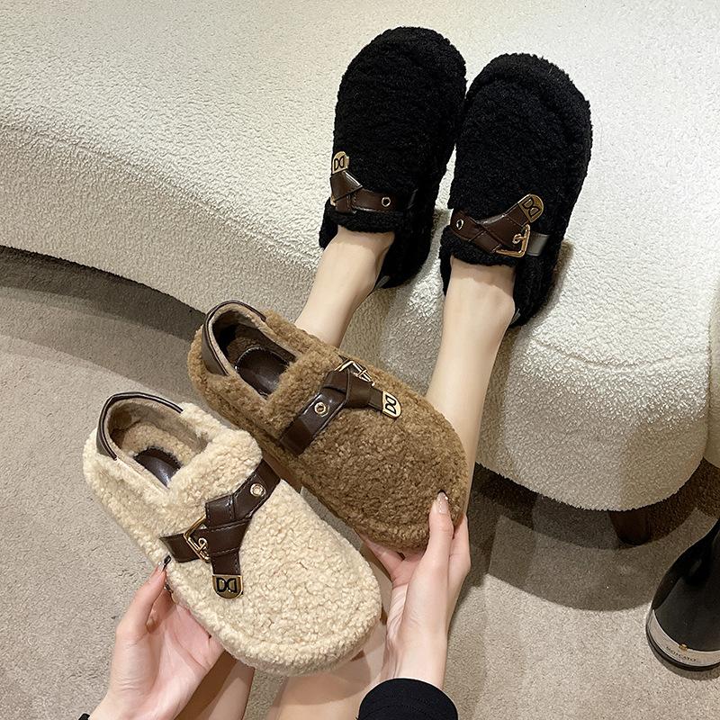 Winter 2025 new suede round head rubber artificial short plush bag heel plush cotton shoes women's cotton slippers thickened