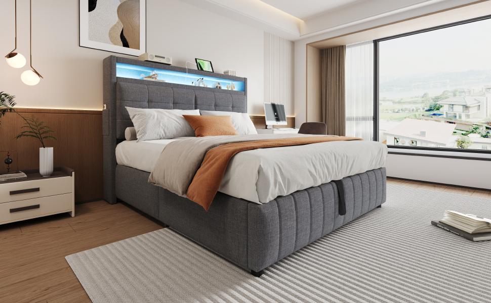 Cama Estofada 160*200 cm, com Iluminação LED e Tomada USB, Cabeceira com Prateleiras, Arrumação Hidráulica, Cama de Casal com Estrado de Ripas, Cinza Linho