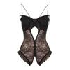 Plus Size Sheer Lace Bodysuit with Open Crotch and Suspenders - Sexy Nightwear Temptation.