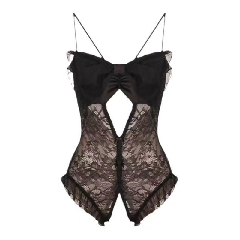 Plus Size Sheer Lace Bodysuit with Open Crotch and Suspenders - Sexy Nightwear Temptation.