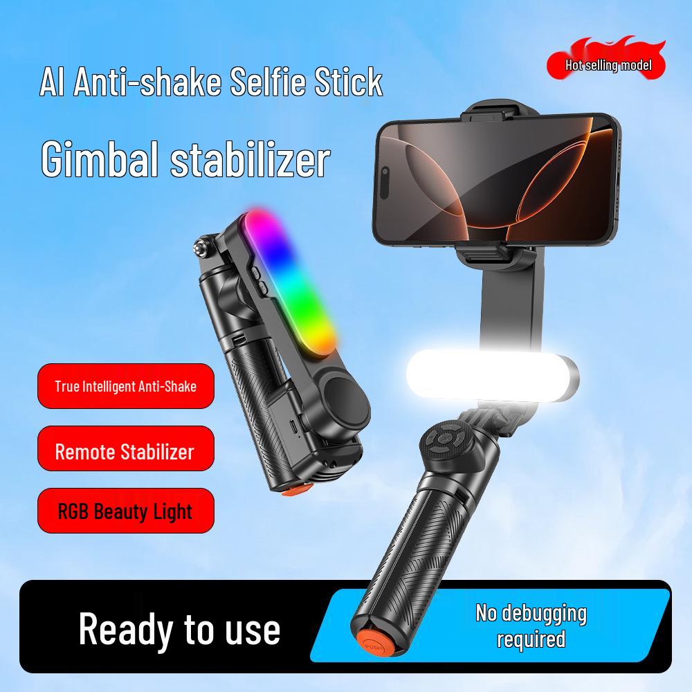 Tragbarer Bluetooth Selfie-Stick: Anti-Wackel-Gimbal, Fülllicht, Stativständer für Live-Übertragung und Fotografie