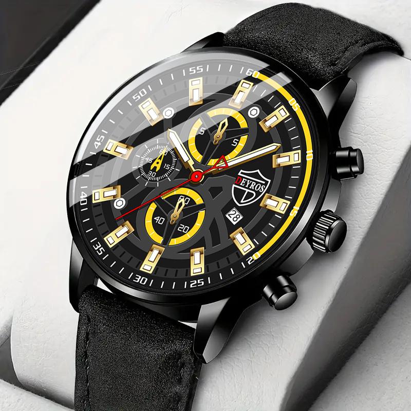 

Модные мужские повседневные кварцевые часы аналоговые PU кожаные календарные светящиеся наручные часы с