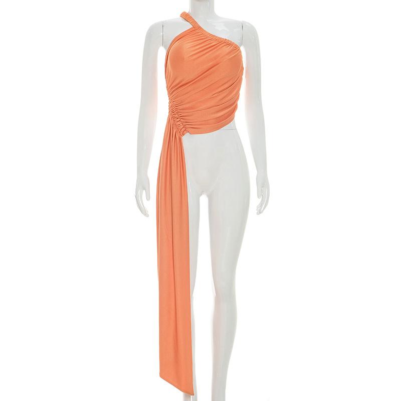 Spring and Summer New Design Diagonal Neck Halter Pleated Streamer Irregular Top S оранжевый