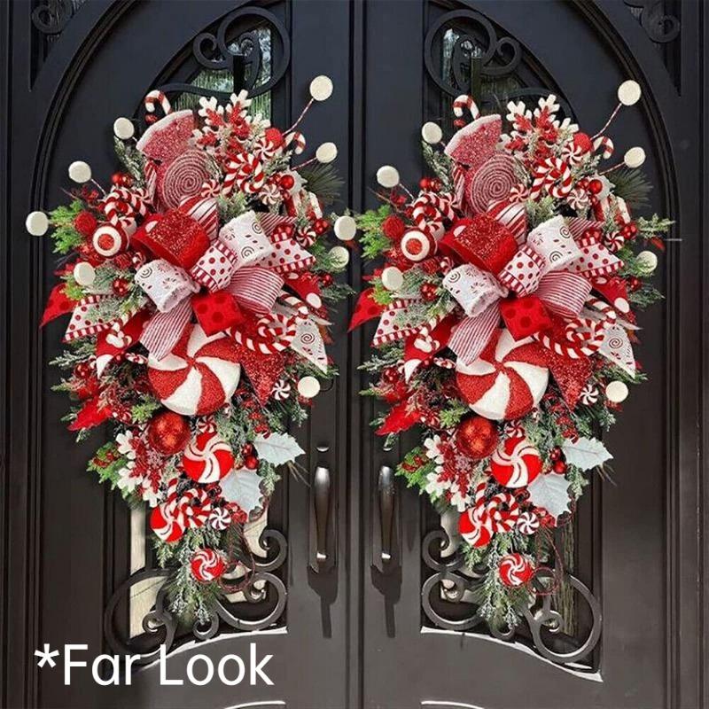 Sweet Christmas Wreath Garland Candy Cane Bow Ornament Xmas Front Door Hanging Wall Home Decor