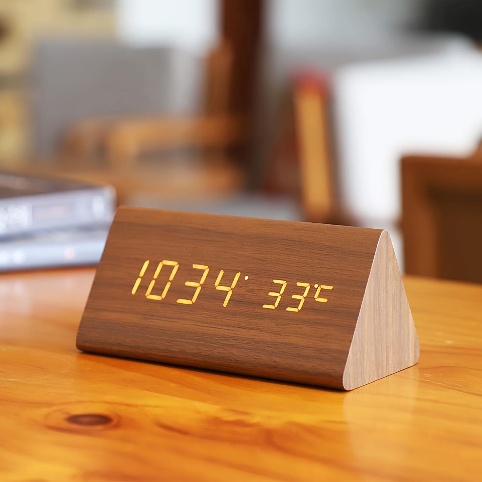 

1PC Wood Grain Triangle Alarm Clock LED Bedside Alarm Clock, with Temperature and Humidity Display, Adjustable Brightness