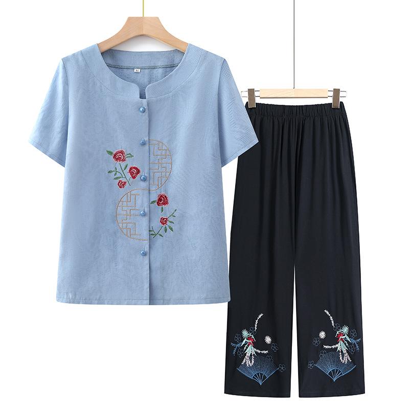 

Женский летний вышитый костюм с коротким рукавом, свободный и удобный, круглый вырез, состоящий из двух частей, для мам и бабушек среднего и пожилого возраста. 3XL синий