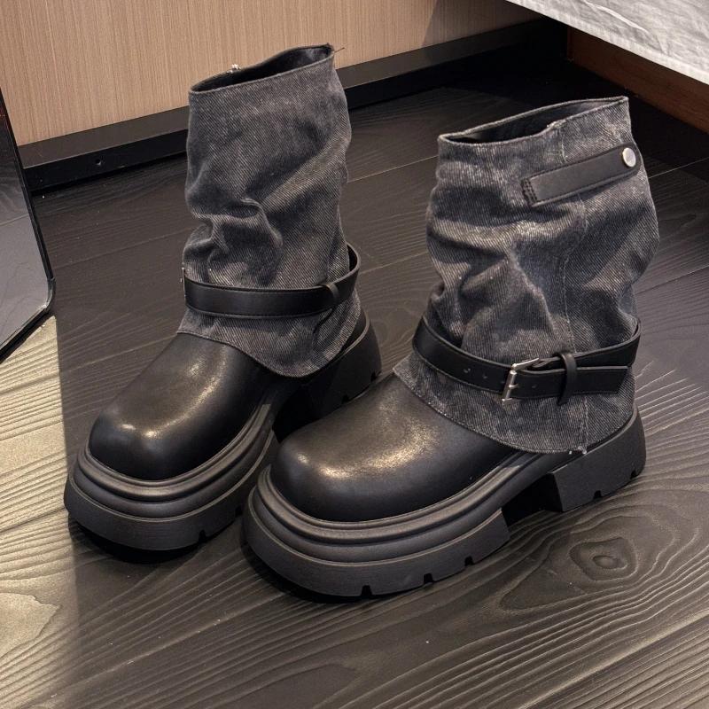 Winter Plateau Dicke Sohle Damen Röhrenstiefeletten Design Gürtelschnalle Punk Stil Leder Modern Kurz Bottes Femmes