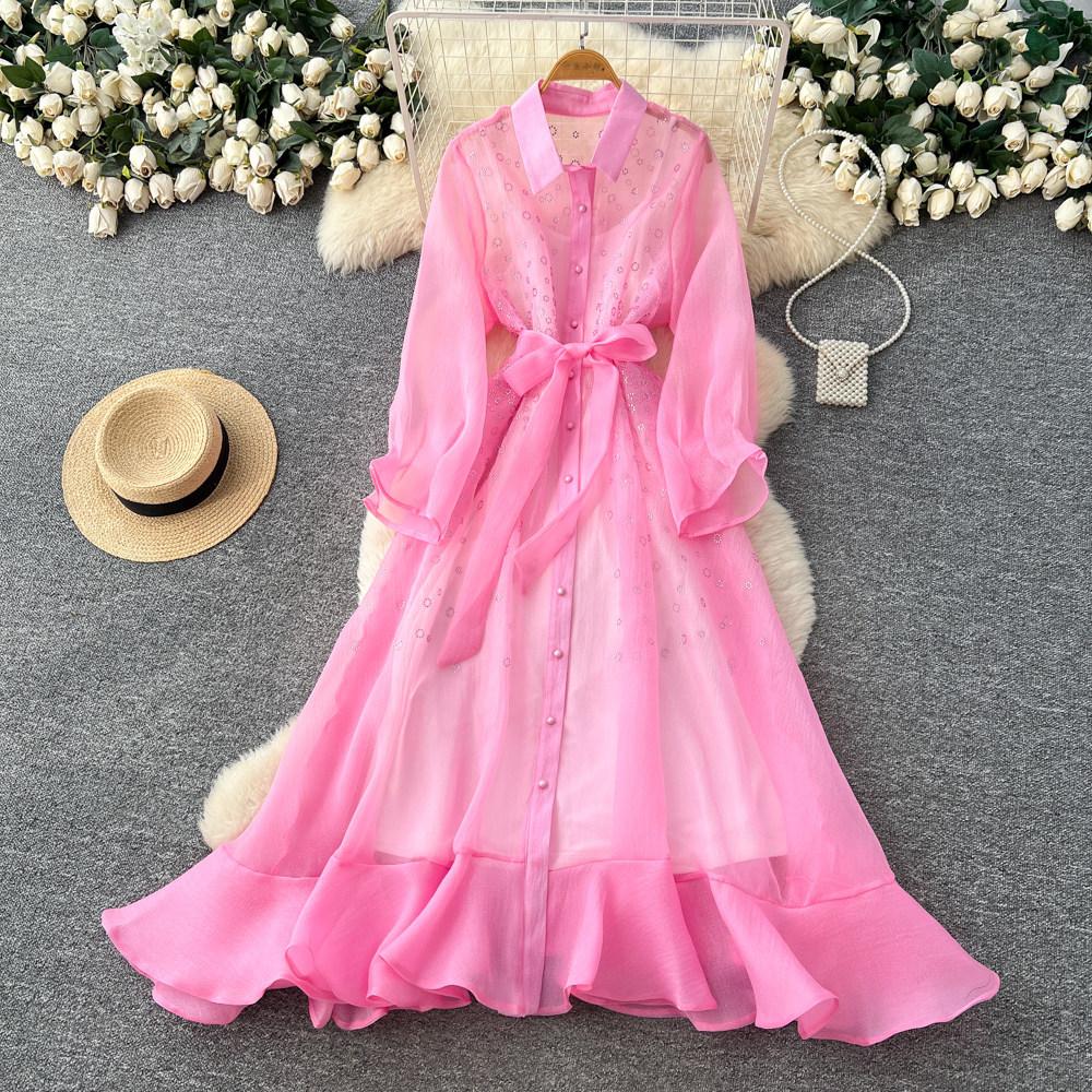 Light luxury long-sleeved lantern-sleeved mesh dress women's summer lace-up waist A-word elegant long dress commuting