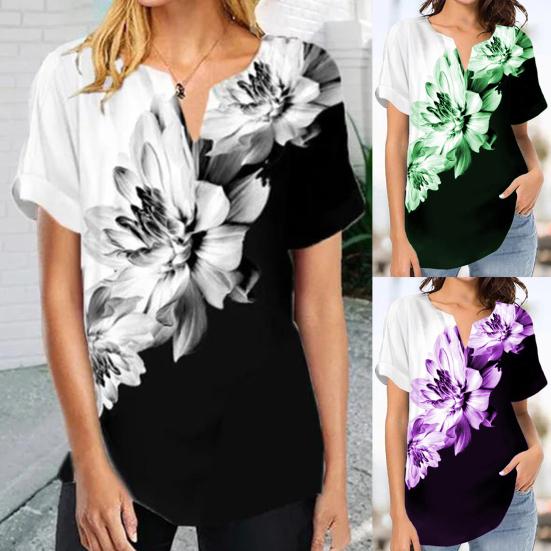 

Летняя женская футболка с V-образным вырезом и цветочным принтом, блузка с короткими рукавами, топ XL зелёный