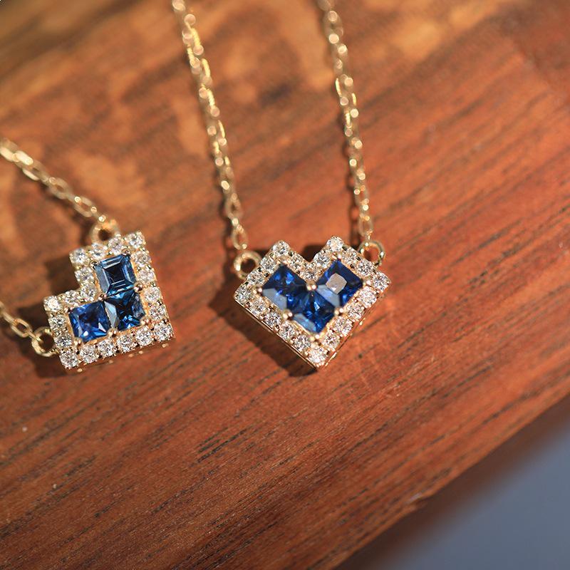 18K Gold-Plated S925 Sterling Silver Heart Pendant Necklace with Blue Zircon Blue Stone + 18K Gold