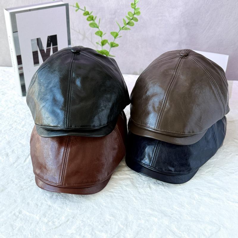 Vintage street trendy hat leather forward hat men's and women's autumn shiny leather beret fashion versatile painter hat