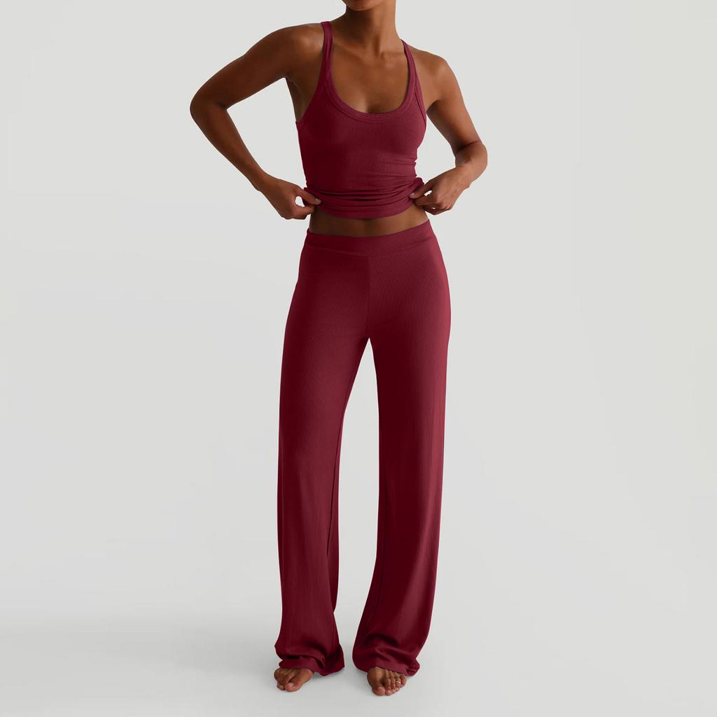 Women's Solid Color Sports Yoga Tank Top and Wide Leg Pants Two Piece Set Stretchy Comfortable Fit