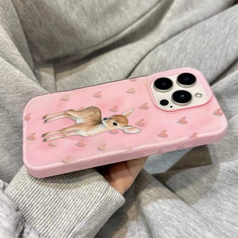 Pink Love Heart Cute Deer Pattern Phone Case For iPhone 17 16 15 14 13 12 11 Pro Max Plus Air 16E Shockproof Folds Texture Cover