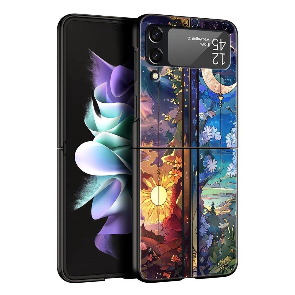 Beautiful Sun Moon Glass Hard PC Phone Case For Samsung Galaxy Z Flip 7 6 5 4 Black Cover For Galaxy Z Flip 3 Foldable Shell Bag