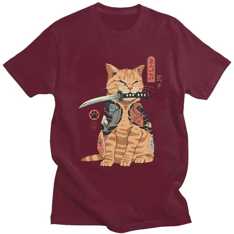 Japanese Samurai Cat Graphic Tee Pure Cotton Streetwear T-Shirt Breathable Casual Top