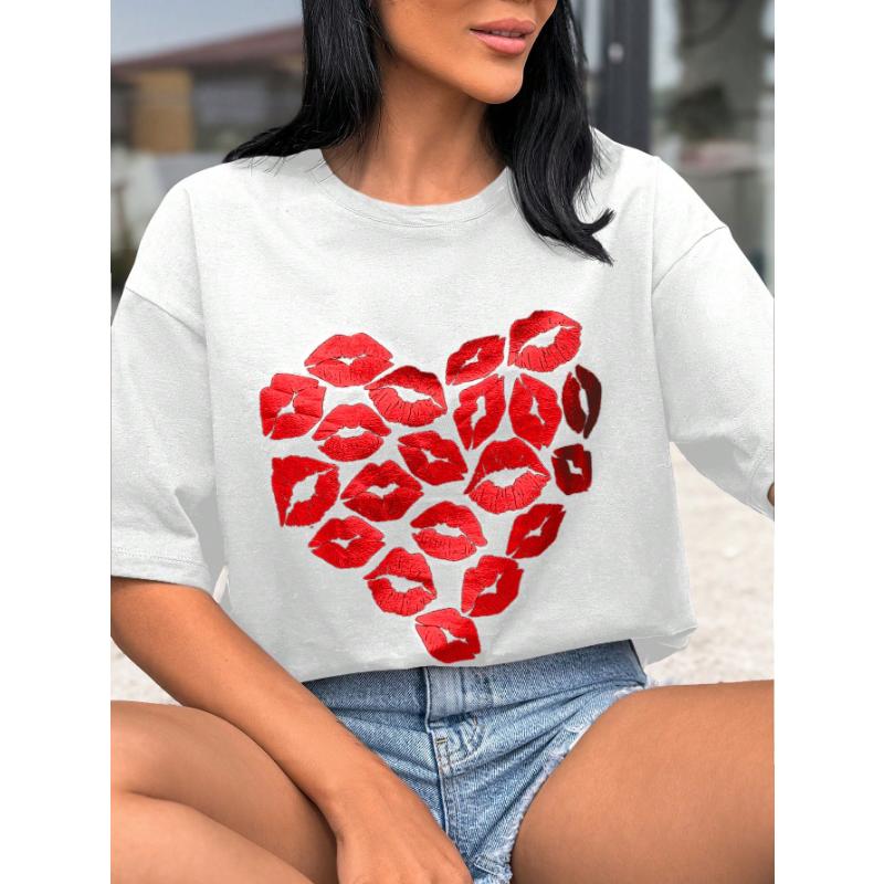 Heart To Heart  Print Casual  Oversized Round Neck T-Shirt