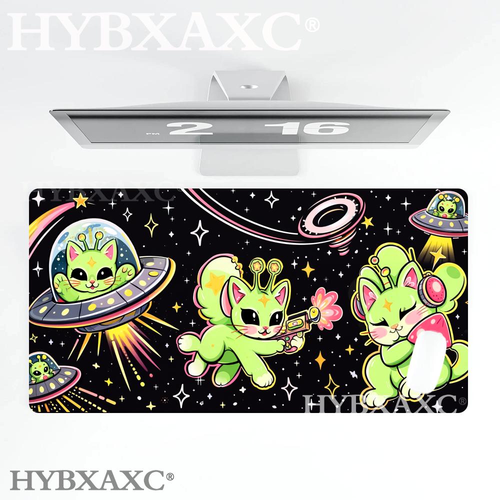 HYBXAXC Kawaii Space Cat Mouse Pad Cute Alien Cat Desk Mat Neon Galaxy Desk Mat Cartoon UFO Mouse Aesthetic Gaming Mouse Pad 400X800X2MM