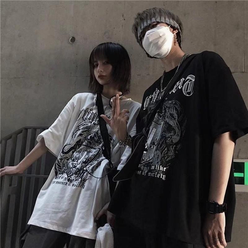 Harajuku Retro Style Hip Hop Street Trend Letter Print Top Men's and Women's Summer Crew-neck Loose Short-sleeved T-shirt