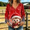 Women's Casual V-Neck Long Sleeve T-Shirt with Christmas Print, Relaxed Fit Holiday Top for Fall and Winter