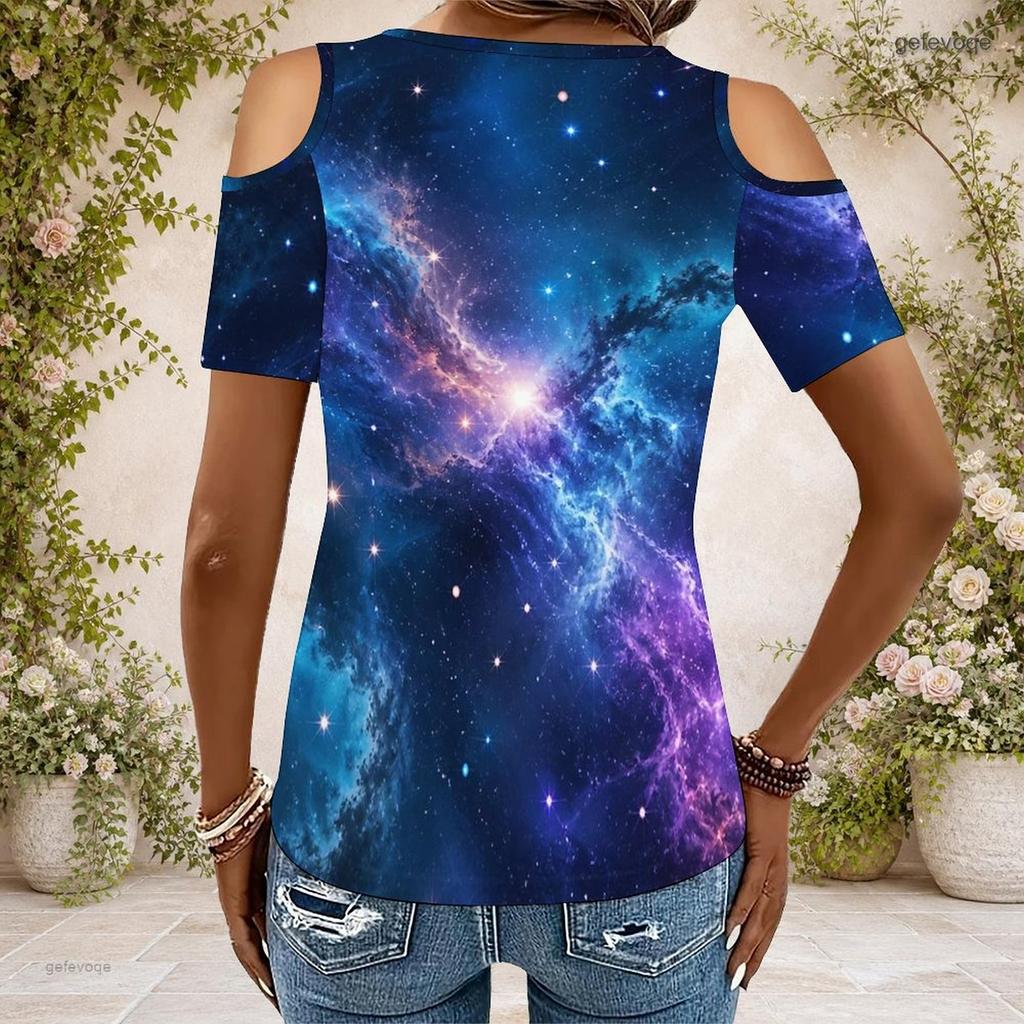 Plus Size Women V Neck Off Shoulder Short Sleeve Soft Floral Print Daily Top