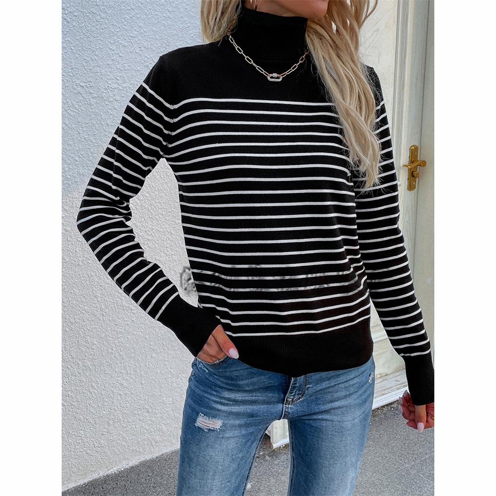 2024 Europejski i Amerykański Jesienno-Zimowy Nowy Pasiasty Damski Sweter z Wysokim Golfem Pasiasty Pulower Sweter Dzianinowy