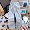 Women's Blue & White Checkered Wide-Leg Pants - Loose, Plus Size, Slimming, Floor-Length