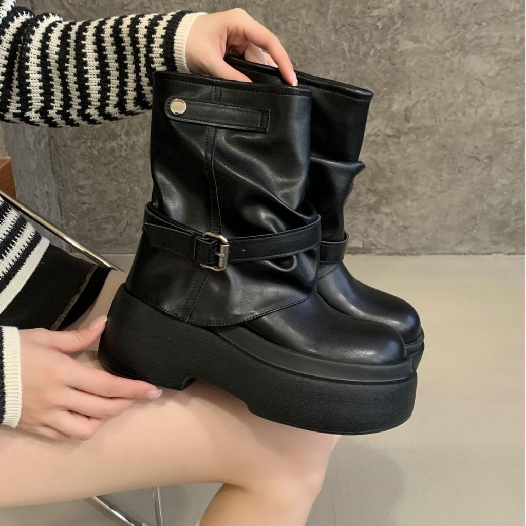 2025 autumn and winter new round head low tube thin Martin muffin thick-soled short boots fashion belt buckle women's short boots