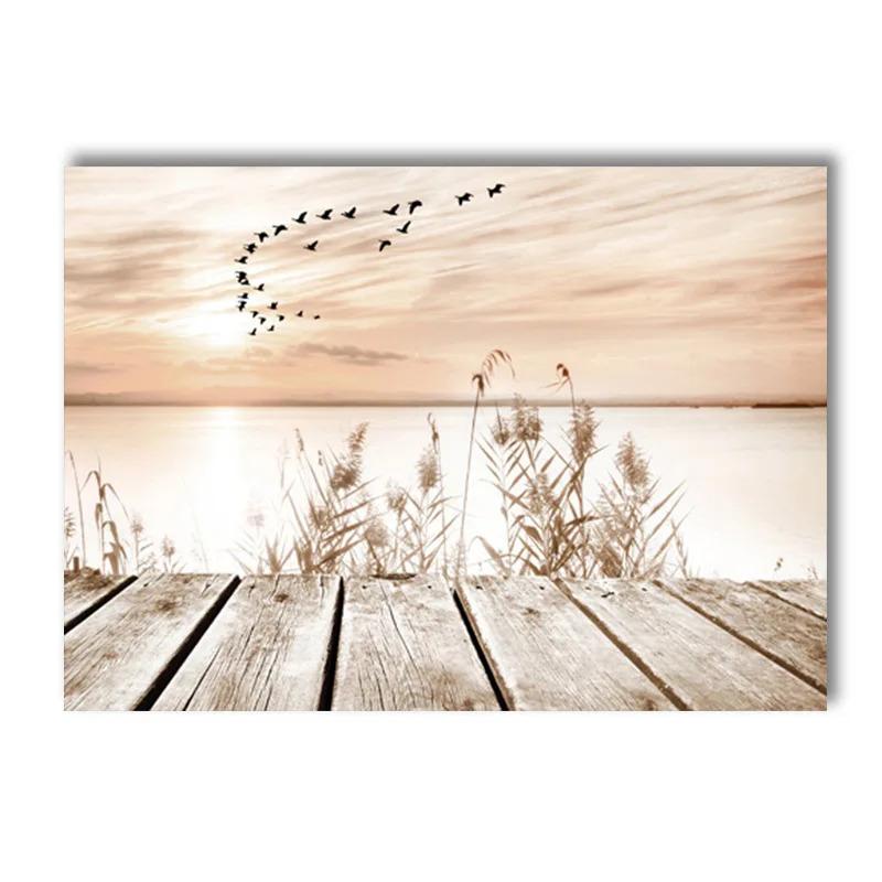 Beige Landscape Sunset Bridge Poster Seaside Canvas Print Painting Reed Flower Bird Wall Art Nordic Living Room Decoration Mural