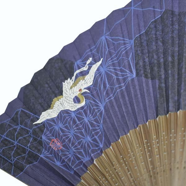 Kimono Folding Carved Karaki Navy Blue with Crane Design [Stylish Iroha] Men's Fan, Wood, Scented,