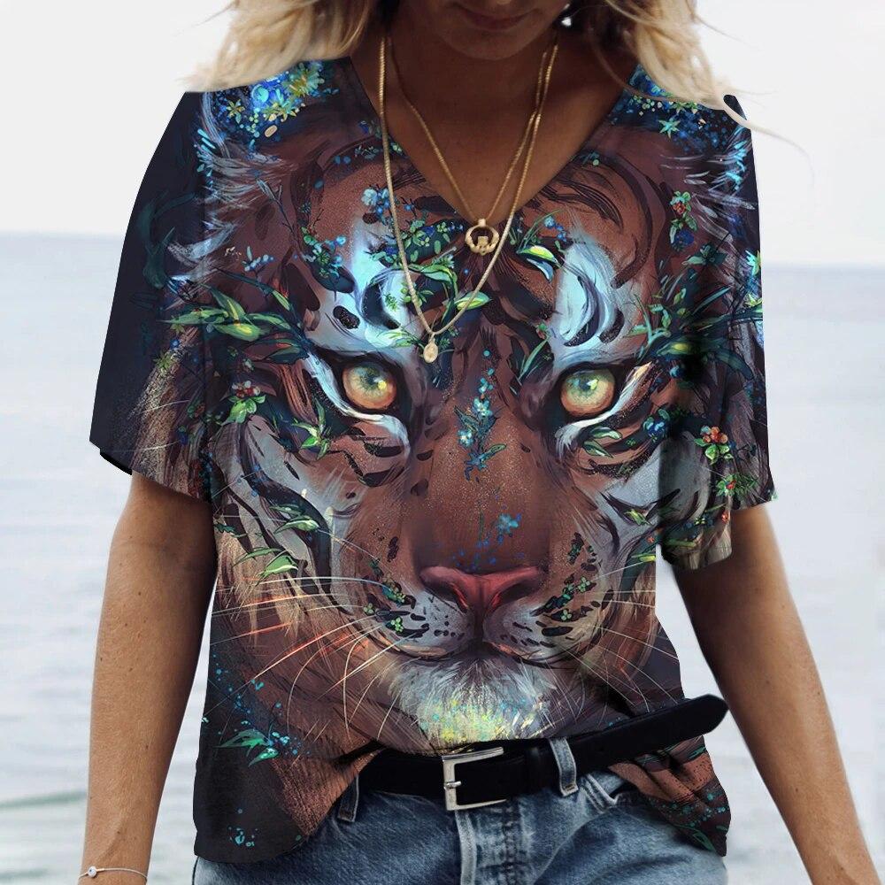 Summer V-neck 3D Animal Pattern Printed Top Fashionable Casual Short Sleeved Women's T-shirts