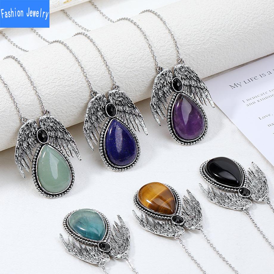 European and American Trendy Personalized Angel Wings Natural Crystal Stone Drop-shaped Pendant Necklace Jewelry