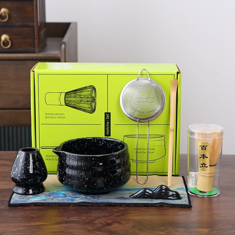 7pcs Matcha Set, Matcha Whisk Set Includes Matcha Bowl, Matcha Whisk Holder, Bamboo Matcha Whisk, Scoop and Matcha Sifter, 15 oz Mottled Matcha Kit