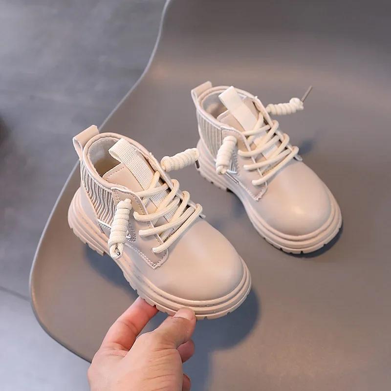 

Spring Autumn Kids Shoes Boots for Girl Solid Color PU Children Ankle Boots Simple Versatile Boys Fashion Causal Boots Non-slip 21 бежевый