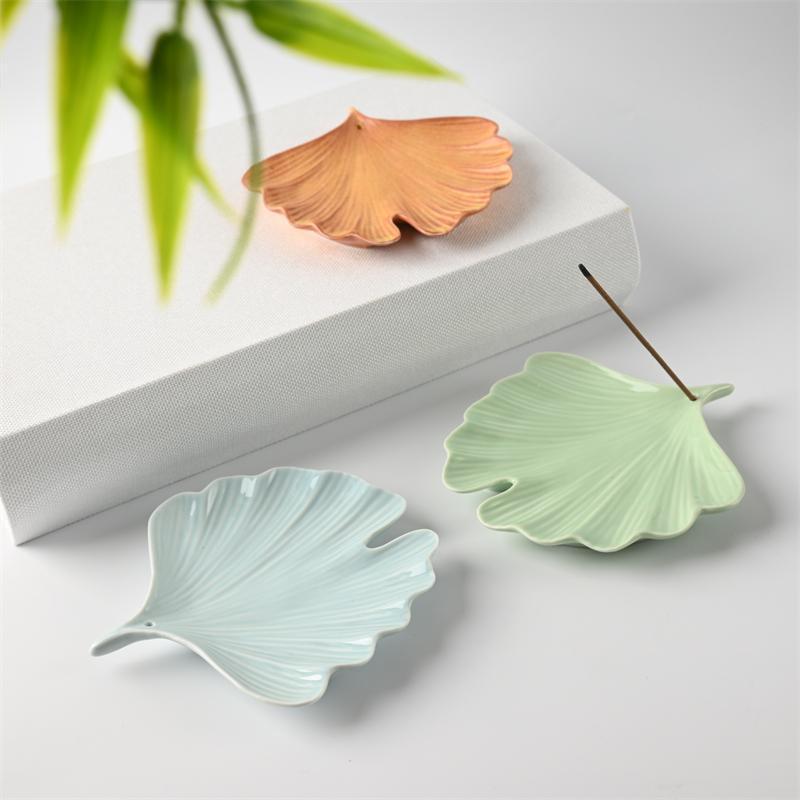 Ginkgo Leaf Ceramic Incense Holder - Sandalwood Coil and Stick Burner, Indoor Incense Tray and Decorative Plate