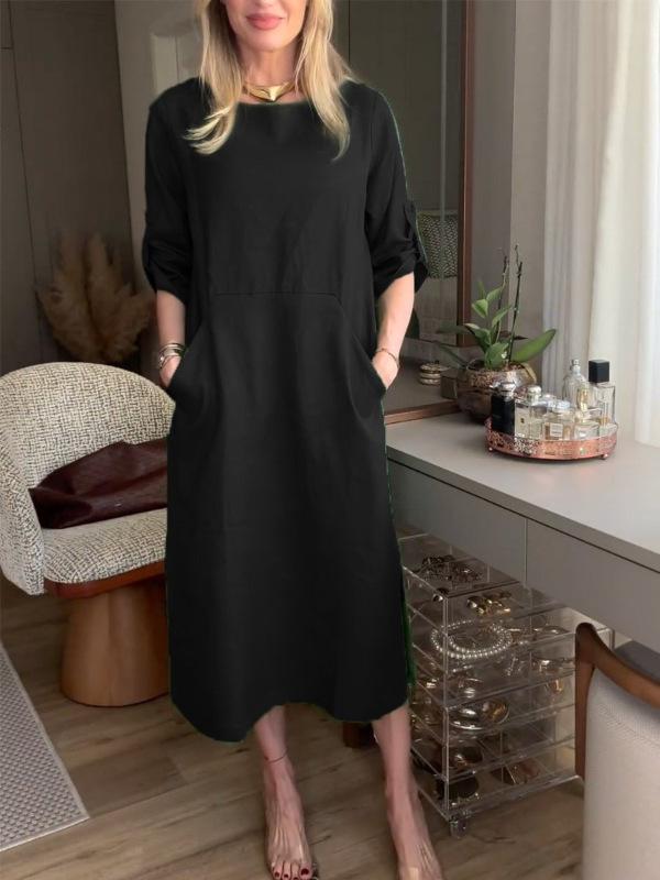 2024 Women's Cotton Linen Casual Dress with Double Pockets - Round Neck, Solid Color