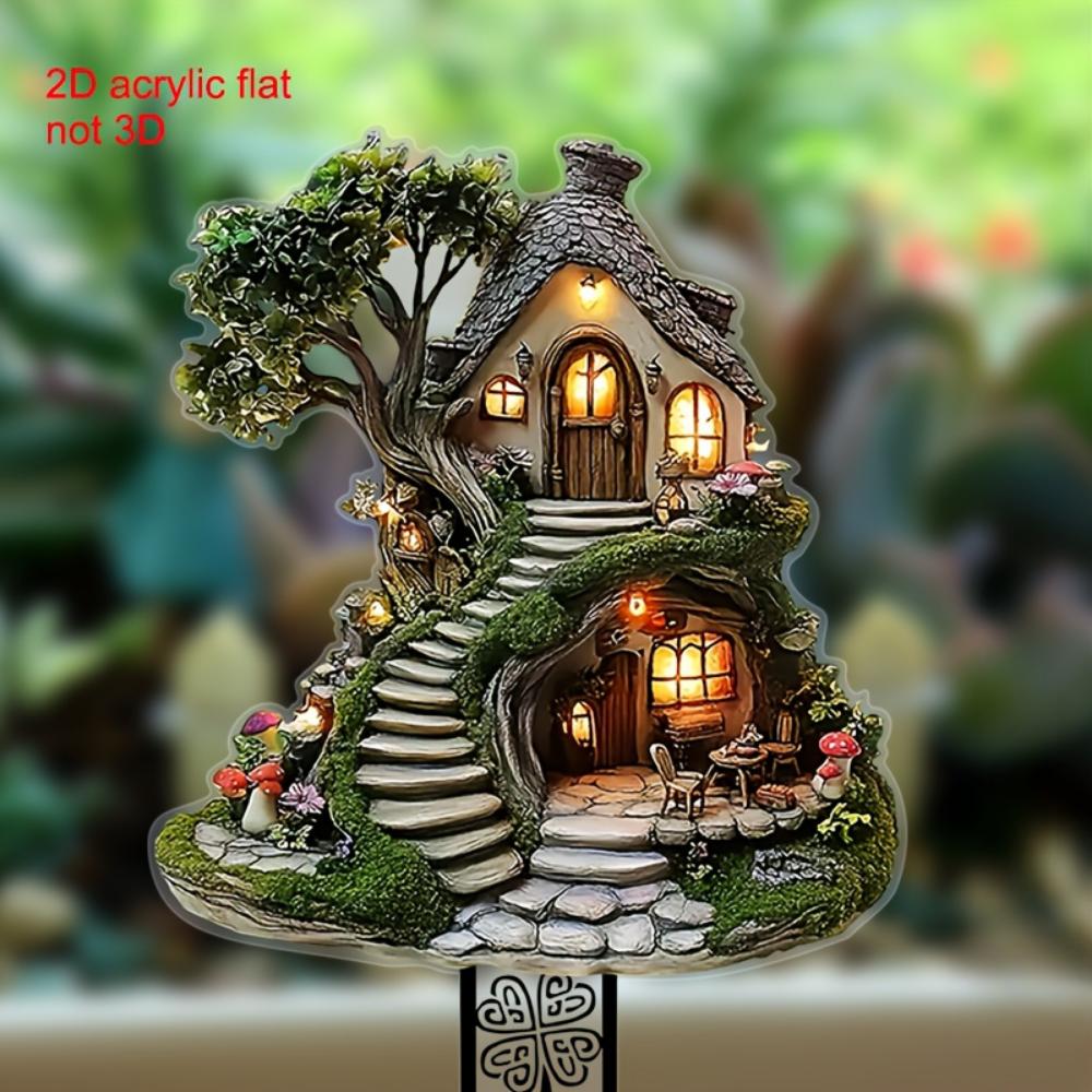 Liebliches Pilzchalet, 2D flaches Acryl, Dekoration, geeignet für Garten, Topfpflanzen, Terrasse, Außenbereich, Weihnachten, Halloween