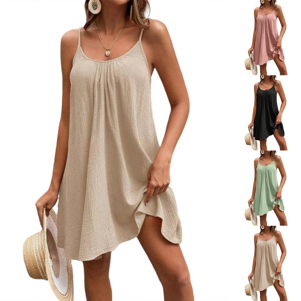 Women Sleeveless Summer Dress Lightweight Casual Loose Fit Mini Dress with Adjustable Spaghetti Straps for Vacation Beachwear