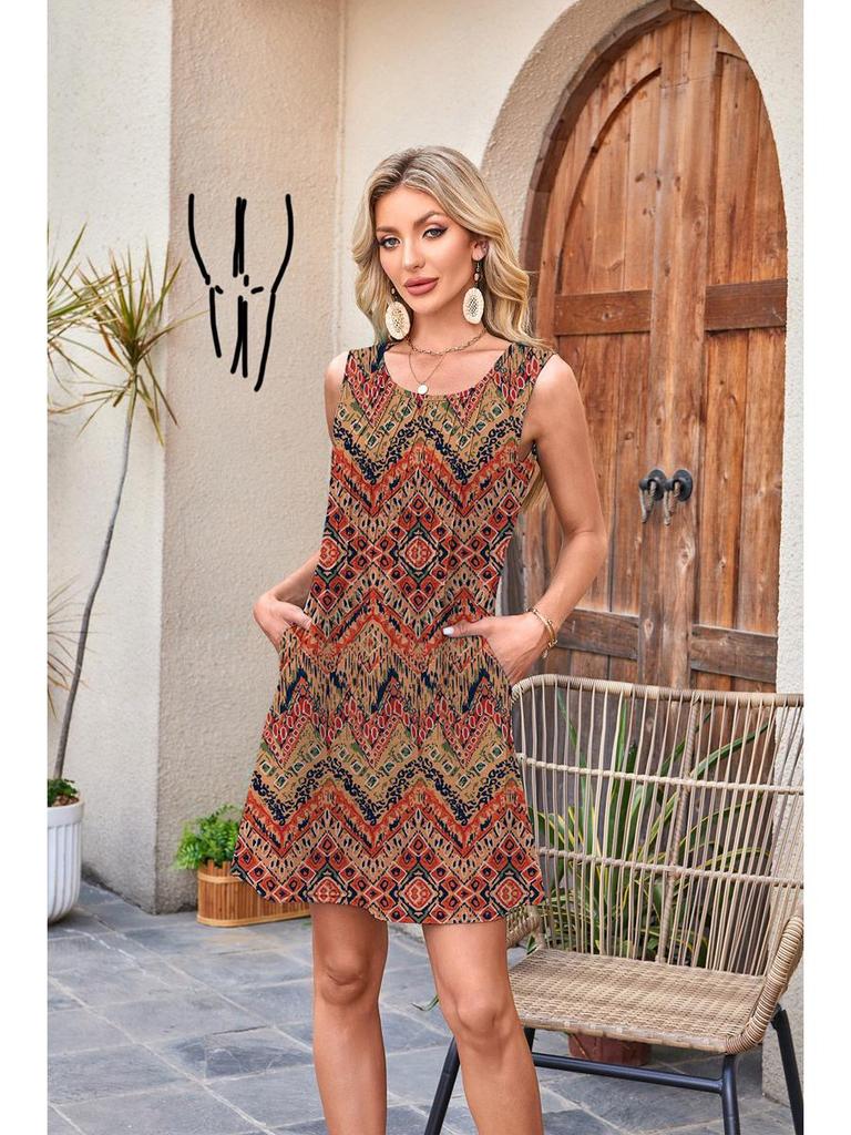 European American Women's Sleeveless Drawstring Pocket Dress - Round Neck Print