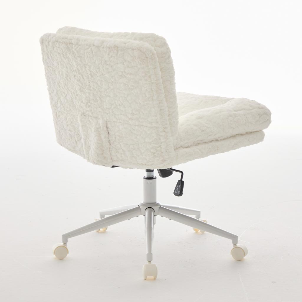 W26,4 Zoll Breiterer Sitz Bürostuhl, Heimstuhl mit künstlichem Kaninchenfell und Metallbasis, Verstellbarer Schreibtisch-Drehstuhl, Schminktischstuhl(Sahne) ,DE1875CM