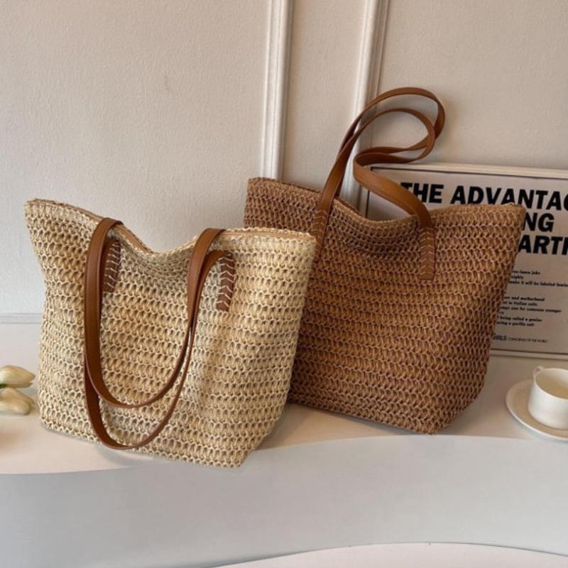 1Pcs Bohemian Summer Fashion Straw Beach Tote Bag Hand-Woven Women'S Shoulder Handbag Travel Shopper Weaving Shopping Bags
