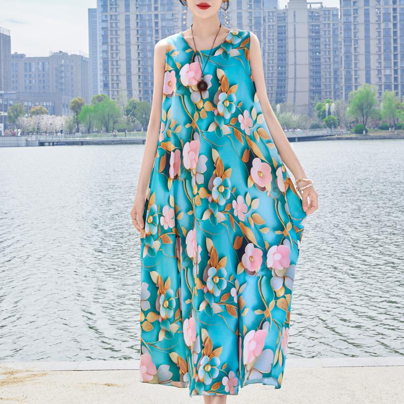 Elegant Sleeveless Dress Summer Fashion Casual Loose Vintage Print Long Dresses for Women Summer Clothes