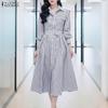 ZANZEA Women Casual Turn Down Collar Long Sleeve Loose Stripe Dress