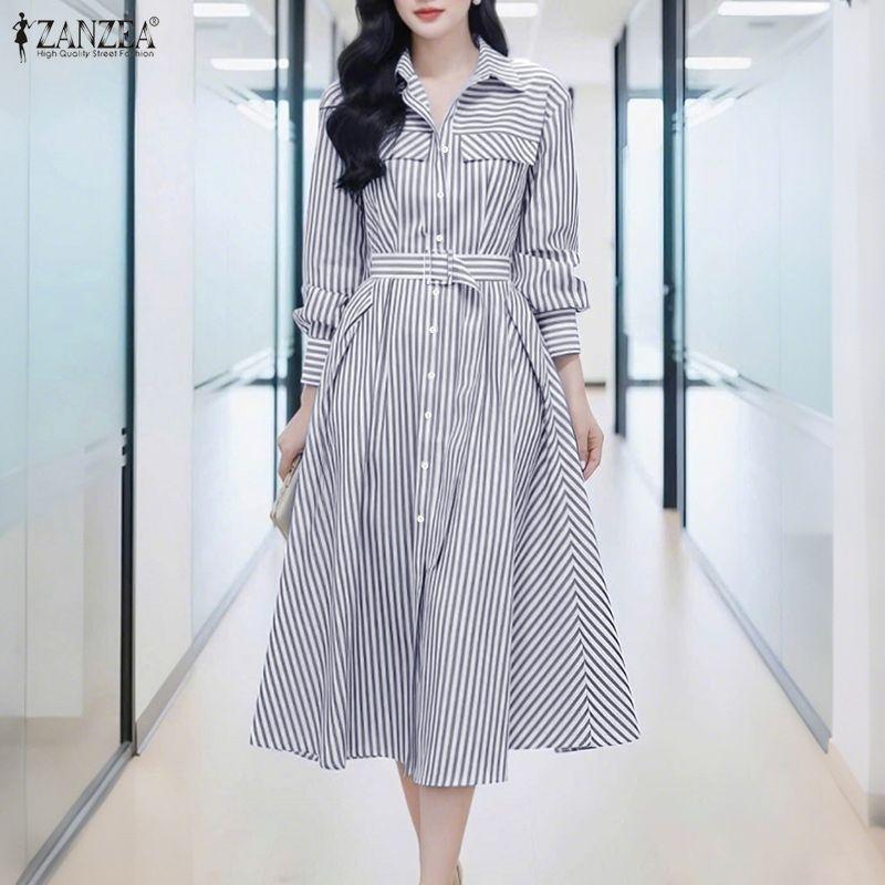 ZANZEA Women Casual Turn Down Collar Long Sleeve Loose Stripe Dress