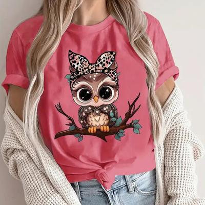 Camiseta con estampado de búho de dibujos animados para mujer, divertida camiseta informal de manga corta con cuello redondo, camiseta de verano para mujer