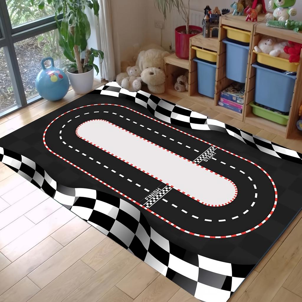 1pc of Black Racing Track Patterned Soft, Non-Slip, Mat for Living Room And Kitchen, Weighing 480G Per Square Meter And 1Cm Thick