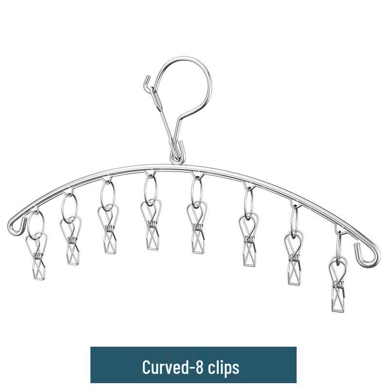 Stainless Steel Multifunctional Windproof Sock and Clothes Hanger with Clips for Home and Dorm Use.