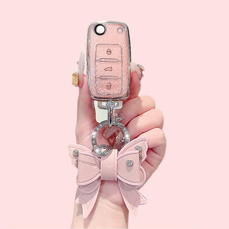 Pink TPU 3 Button Car Remote Flip Key Case Holder for Volkswagen Golf MK6 Polo Beetle Tiguan Touran Passat Caddy Jetta Eos Skoda
