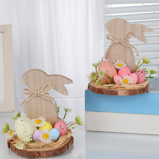 Wooden Easter Bunny Decoration Farmhouse Rustic Artificial Flower Colorful Egg Rabbit Table Sign Desktop Ornament