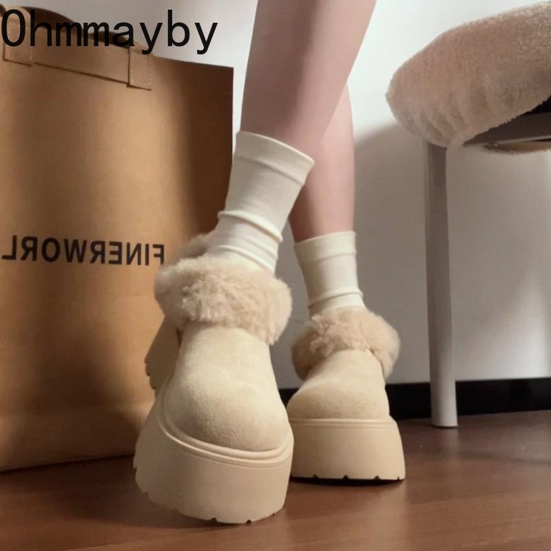 Winter Platform Flats Women Fur Lining Snow Boots Concise Shallow Slip On Shoes Ladies Outdoor Comfort Warm Cotton Short Booties